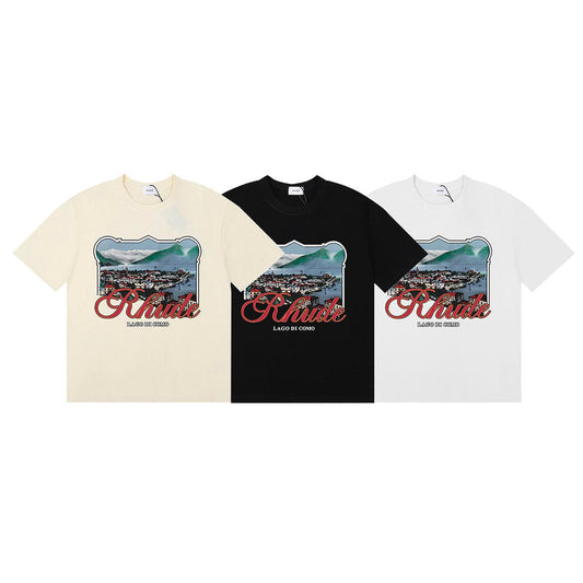 Rhude T-shirts Lake Como Lakeside Town Printed Cotton Casual Short Sleeves Men and Women